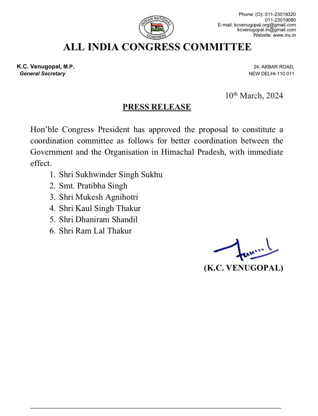 Congress President constitute coordination committee