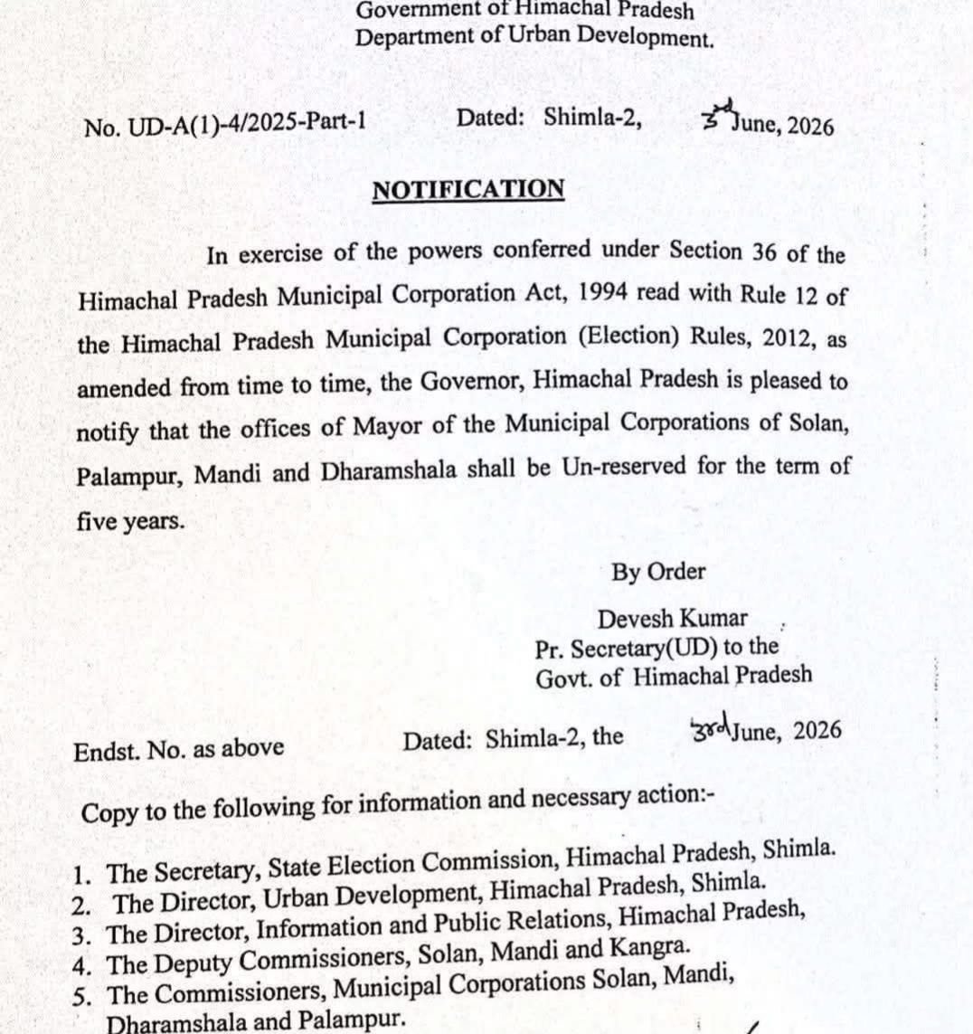 Mayor Posts in Four Himachal Municipal Corporations Declared Unreserved
