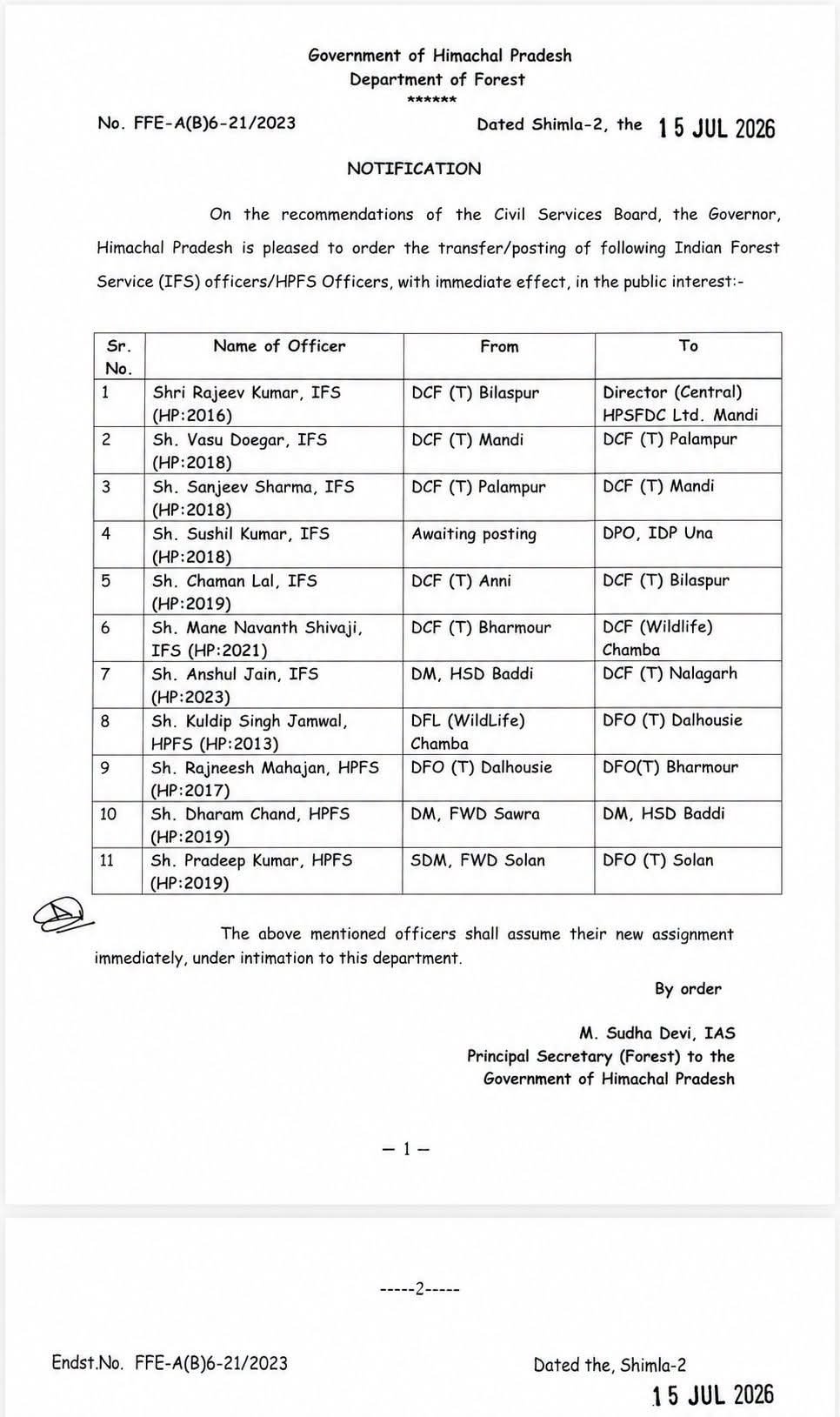 HP Forest Department Transfers 11 IFS, HPFS Officers in Major Administrative Reshuffle