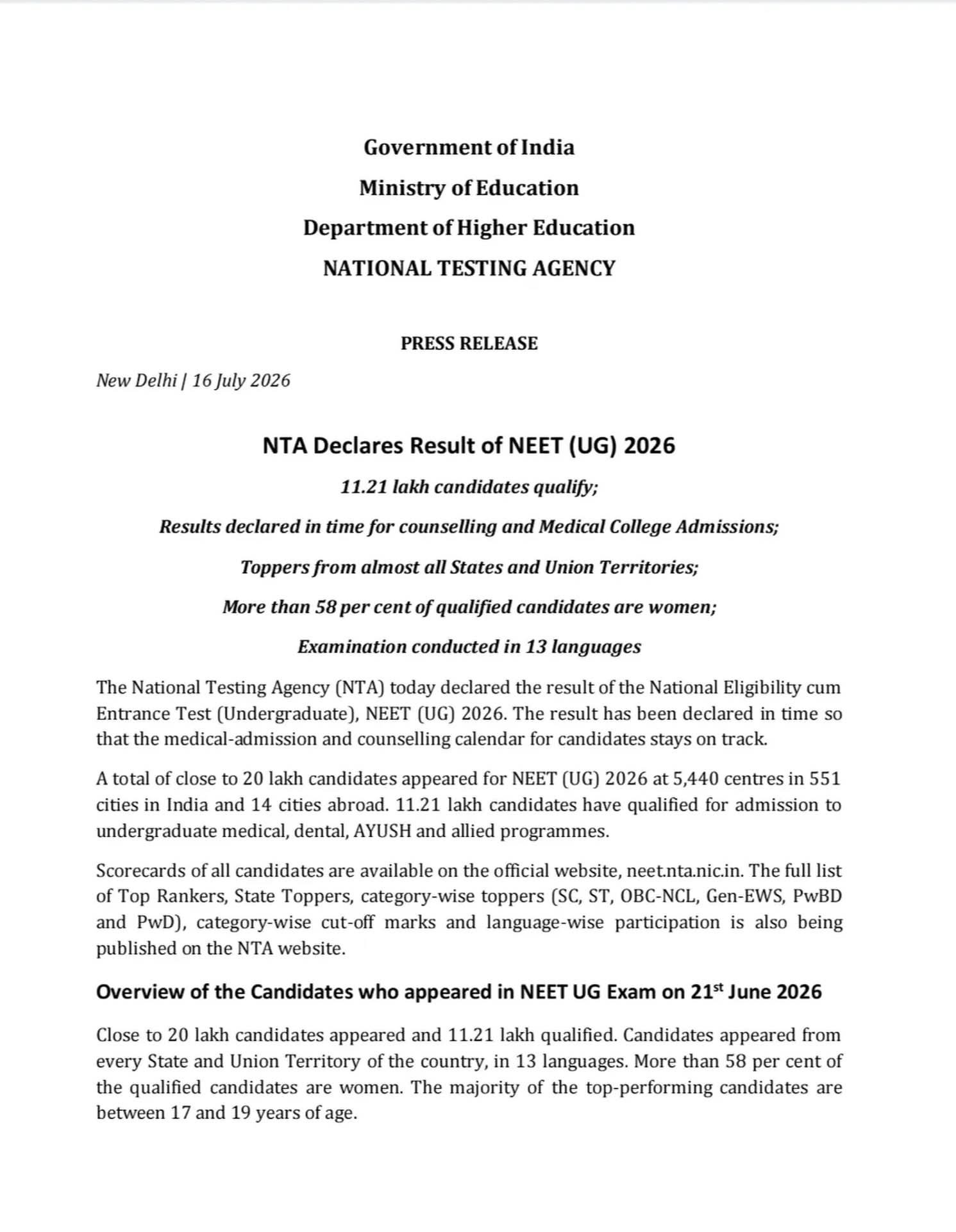 NEET UG 2026 Results Declared: 11.21 Lakh Candidates Qualify, Over 58% Successful Candidates Are Women